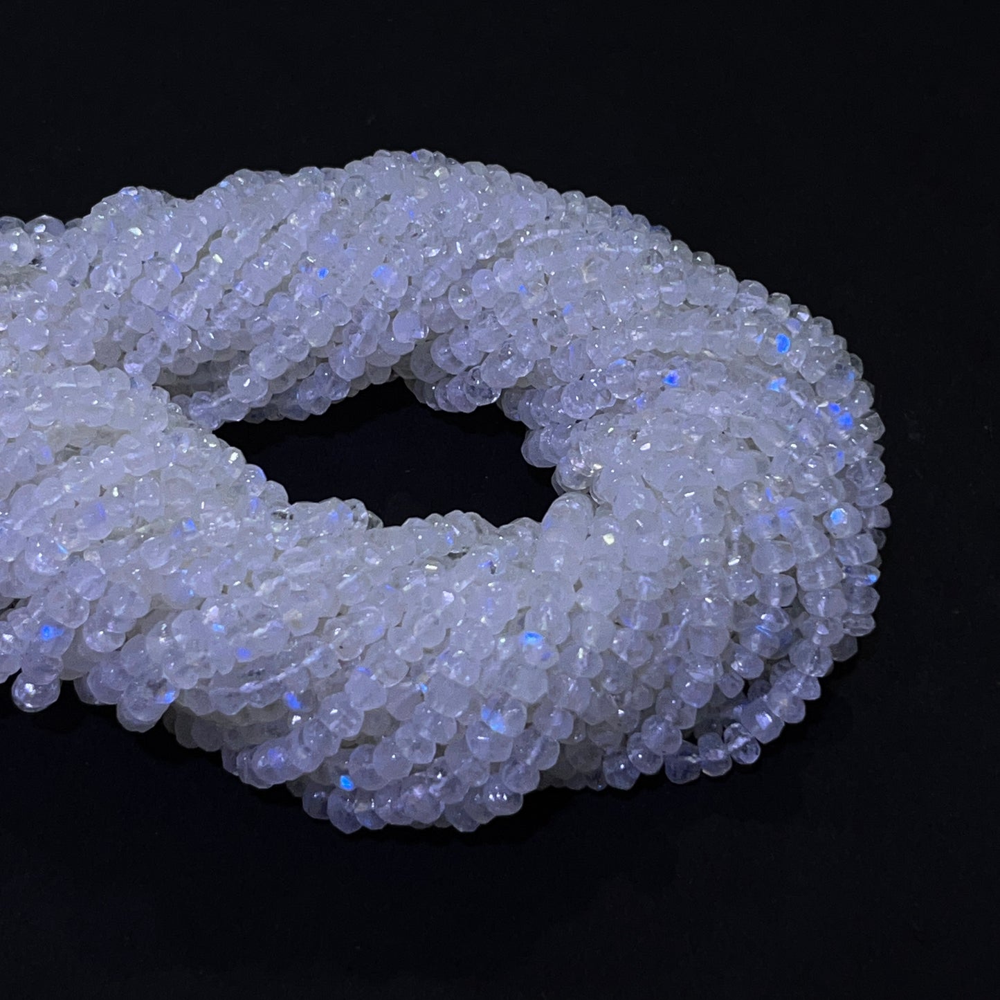3.5–4mm Faceted Roll Rainbow Moonstone 14.5 inch 153 pcs/strand